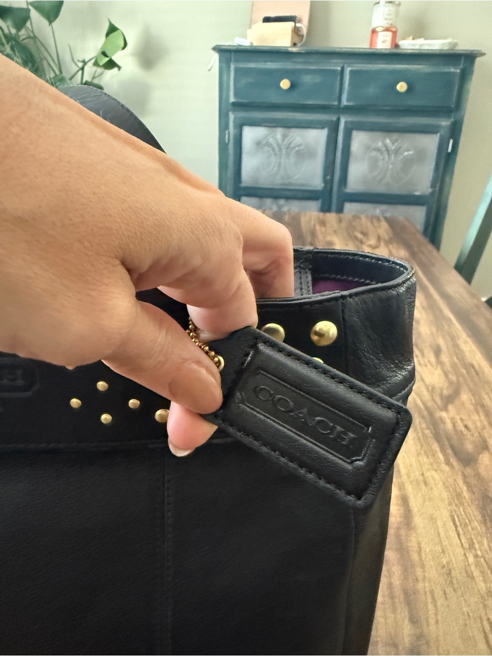 Coach Black Leather Shoulder Tote with Gold Stud Accents - Picture 3 of 10